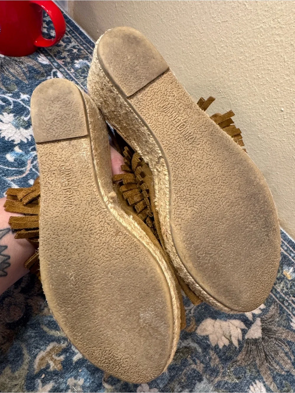 Minnetonka Suede Fringe Espadrille Wedges in Tan Brown